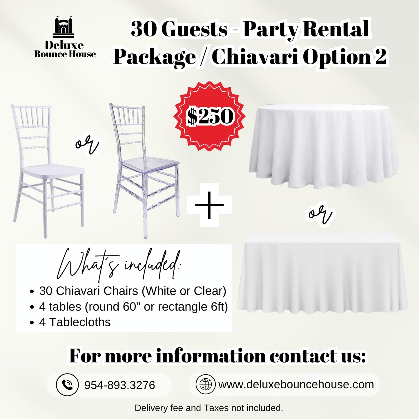 30 Guest - Party Rental Package Chiavari chairs & tables